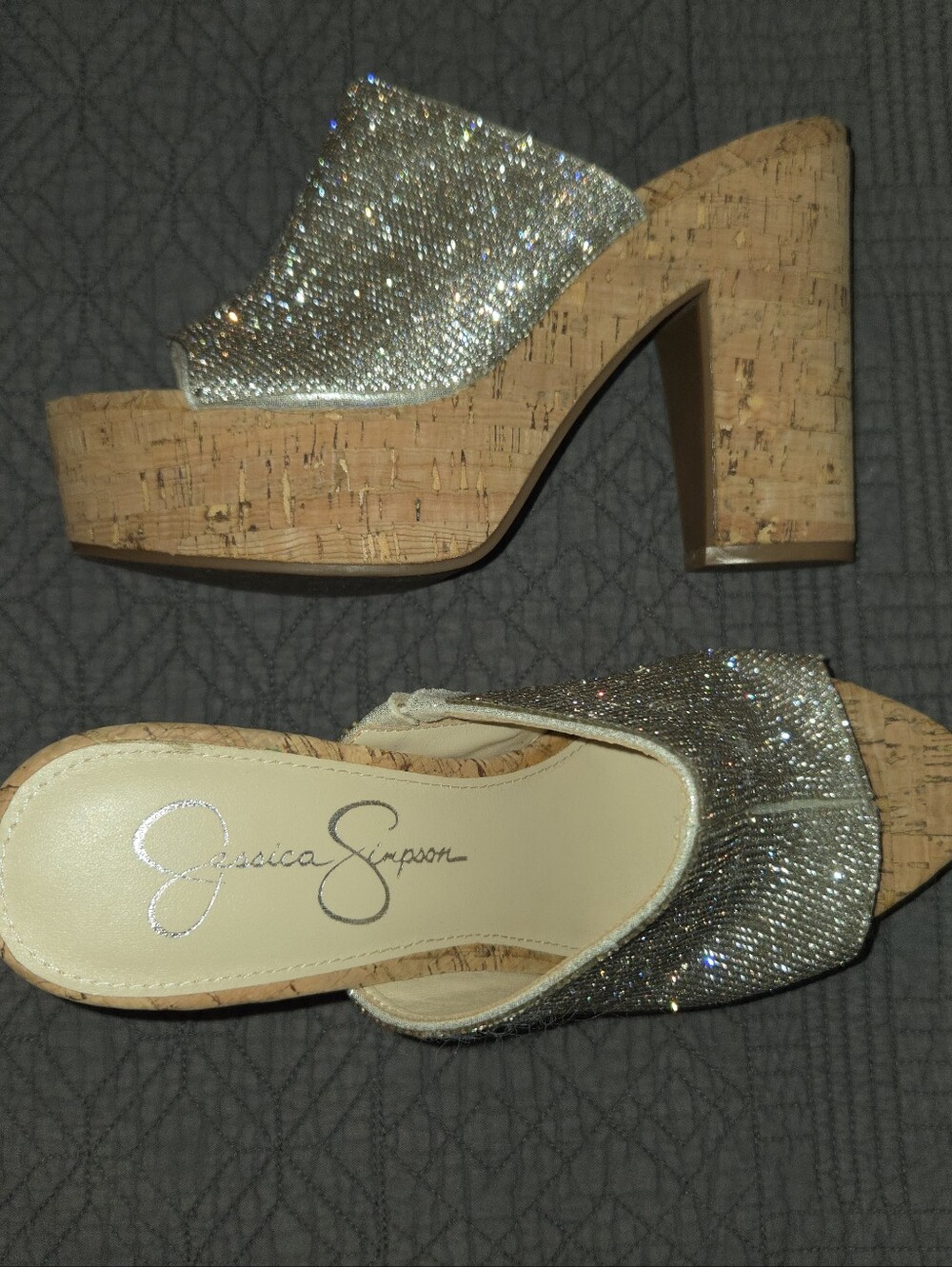 Jessica Simpson Open Toe Silver Sparkle Block Heel - Picture 2 of 6